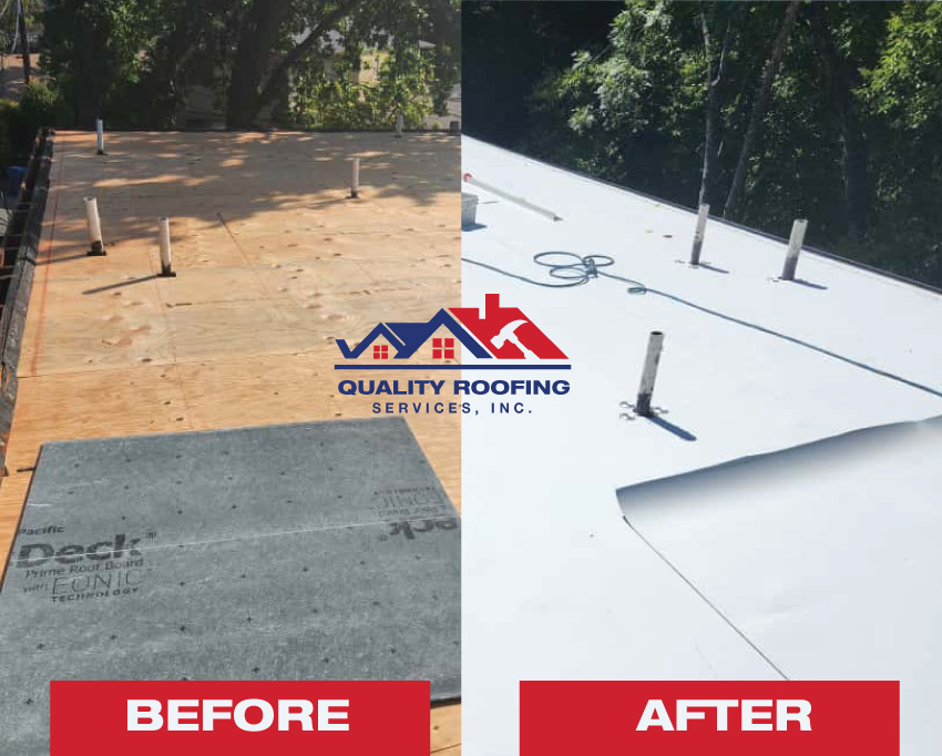 Split image showing the contrast of an old wood deck roof Before and a newly installed white TPO membrane roof After completion.