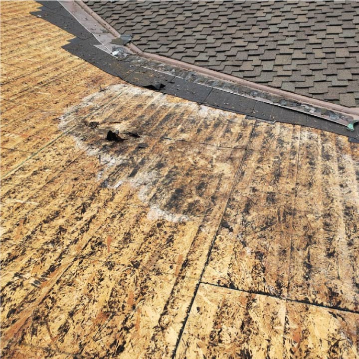 damaged roof showing a roof leak 