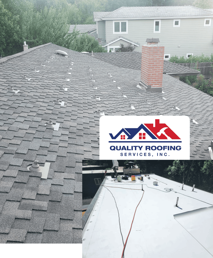 Montage view of a quality gray architectural shingle roof with vents and a brick chimney, overlaid with an image of a flat white roof job.