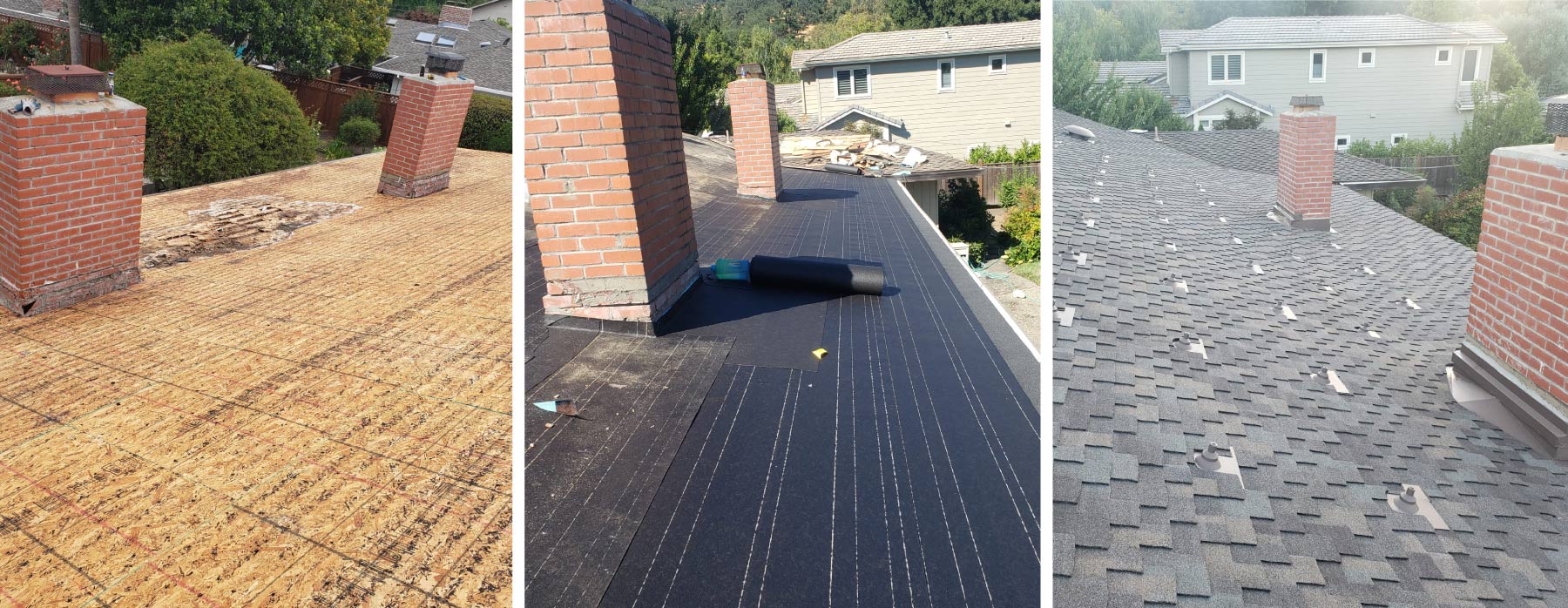 complete process with 3 phases of an asphalt shingle roof replacement