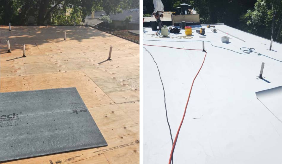 before and after images of a roof transformation of a tpo roof by the best roofing contractors in antioch, ca